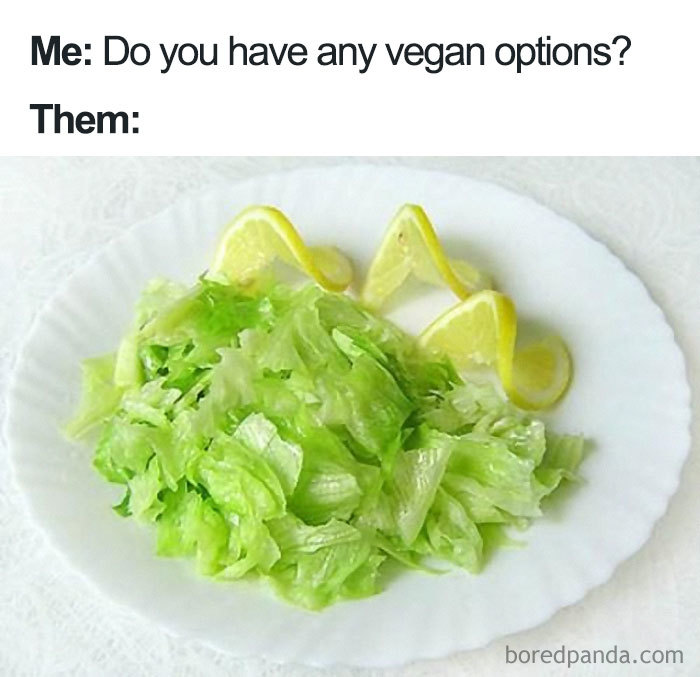 Vegan meme with a plate of lettuce and lemon slices as the only option.