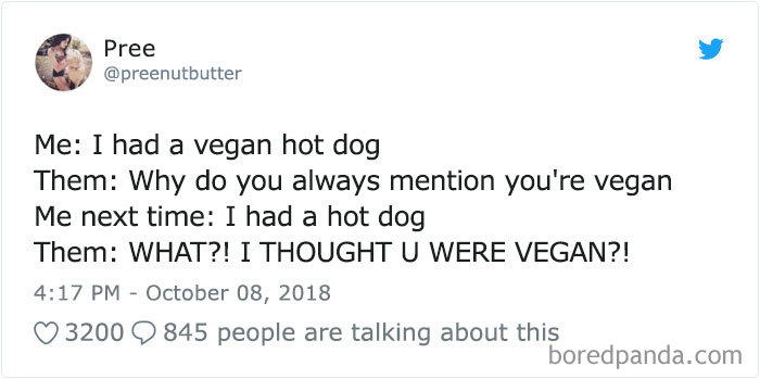 Vegan meme with a humorous exchange about eating vegan hot dogs and reactions from others.