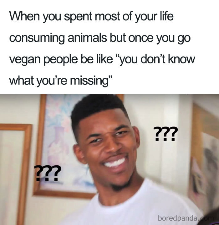 Confused man reacting to a humorous vegan meme about the switch from eating meat.