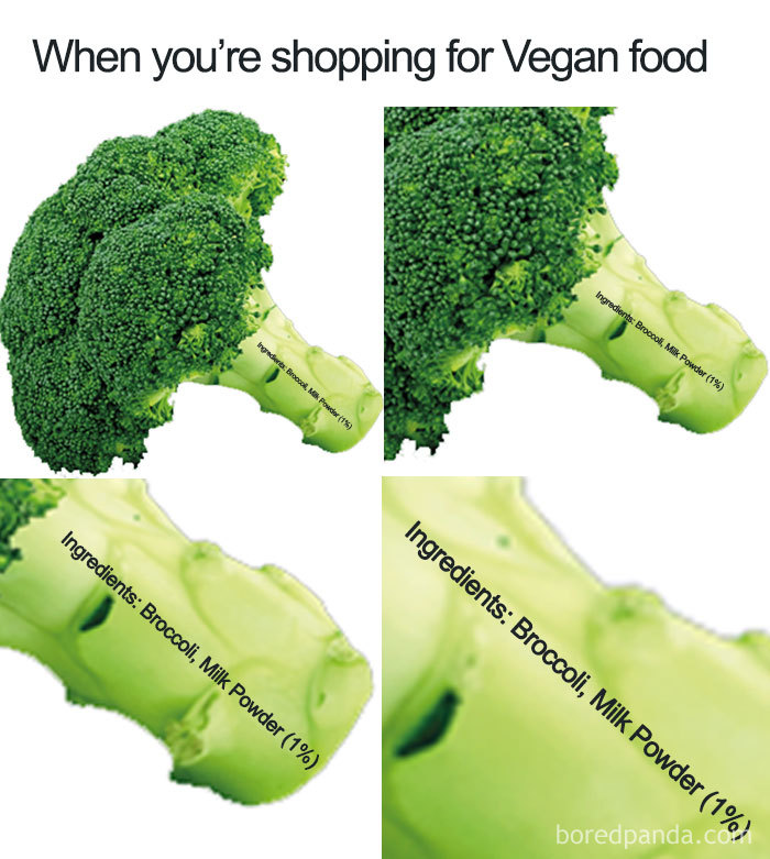 Vegan meme featuring broccoli labeled with unexpected milk powder ingredient.