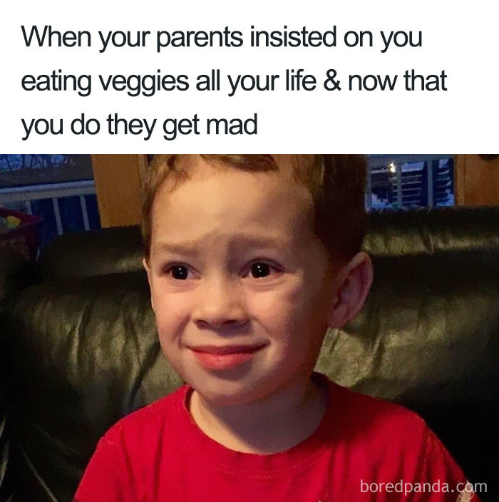 Child making a confused face, wearing a red shirt, with text about eating veggies, illustrating a vegan meme.