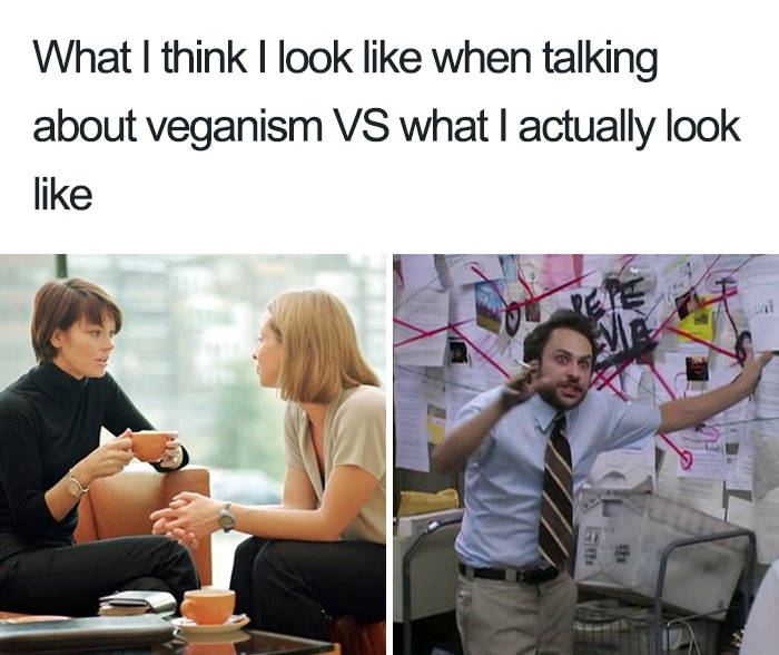 Two-pane meme comparing idealized veganism discussion with chaotic conspiracy board discussion.