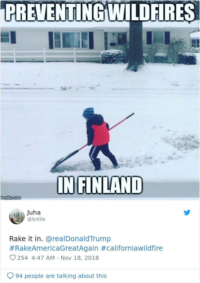 Finns-Troll-Trump-Raking-Leaves-Wildfire-Prevention