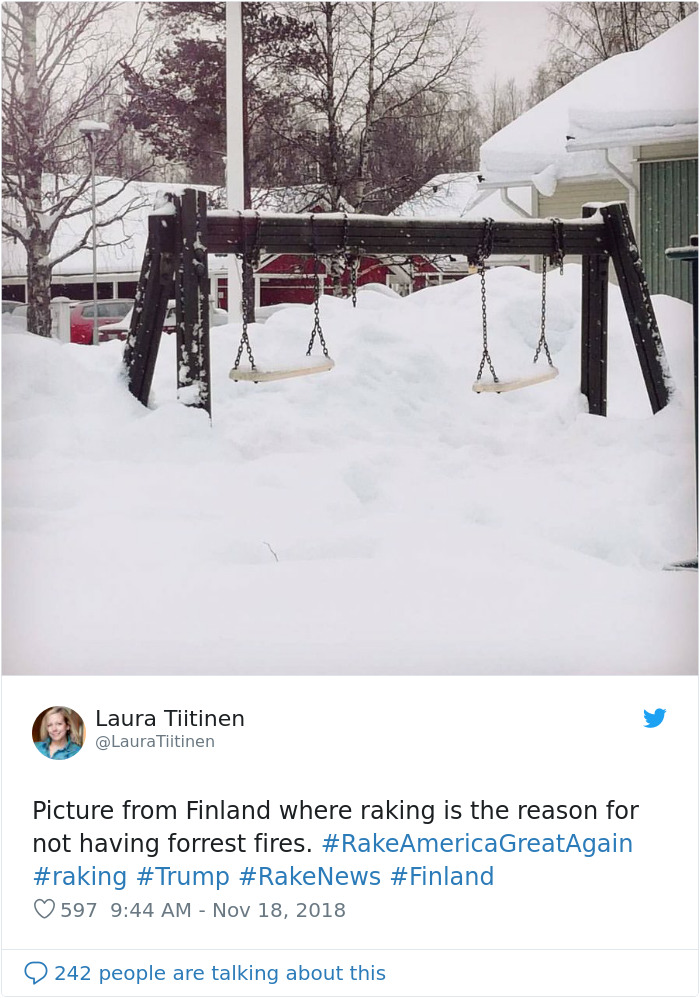 Finns-Troll-Trump-Raking-Leaves-Wildfire-Prevention