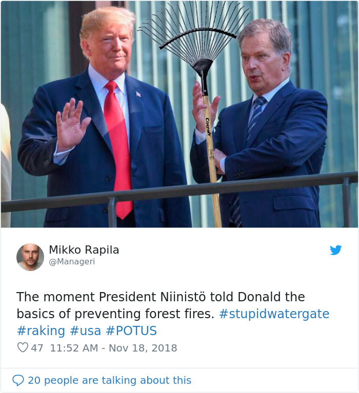 Finns-Troll-Trump-Raking-Leaves-Wildfire-Prevention