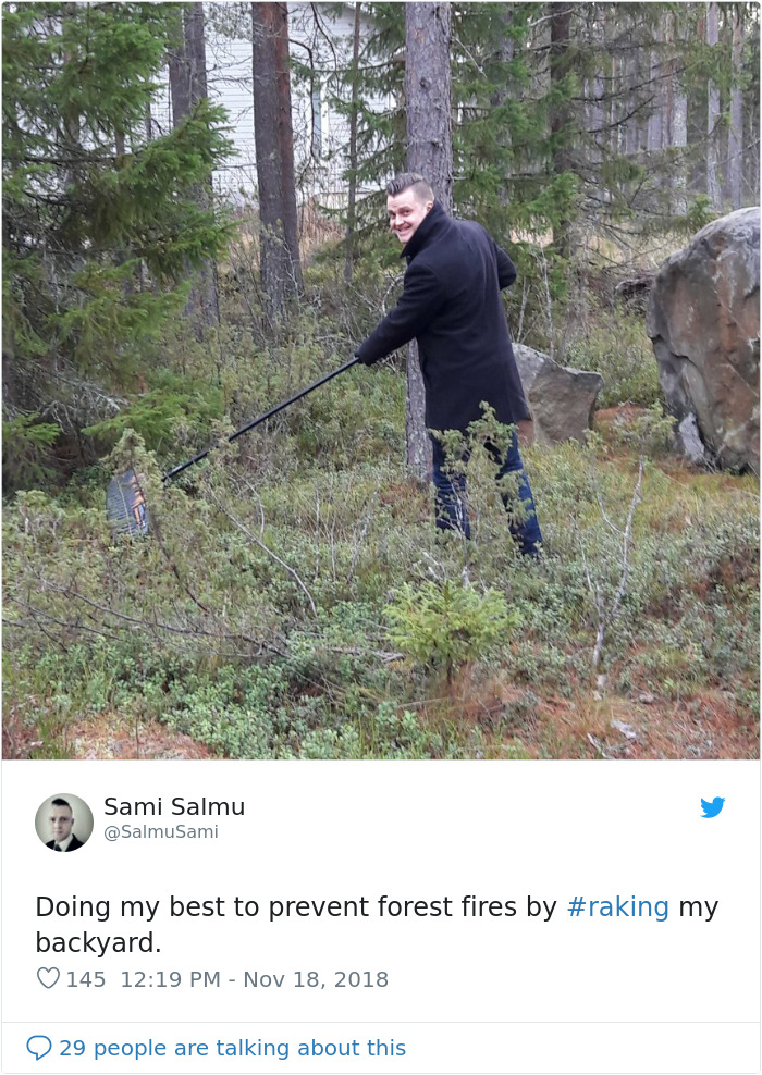 Finns-Troll-Trump-Raking-Leaves-Wildfire-Prevention