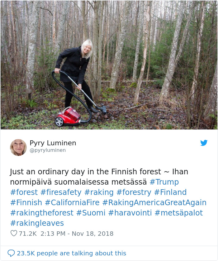 Finns-Troll-Trump-Raking-Leaves-Wildfire-Prevention