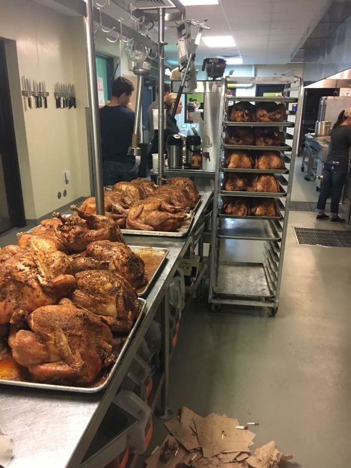 With The Help Of Volunteers, We Cooked 46 Turkeys And Trimming Yesterday, Will Be Serving 700-800 Less Fortunate Guests