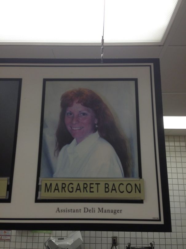 Assistant Deli Manager portrait humorously aligned with the name Margaret Bacon, showcasing funny job fit.