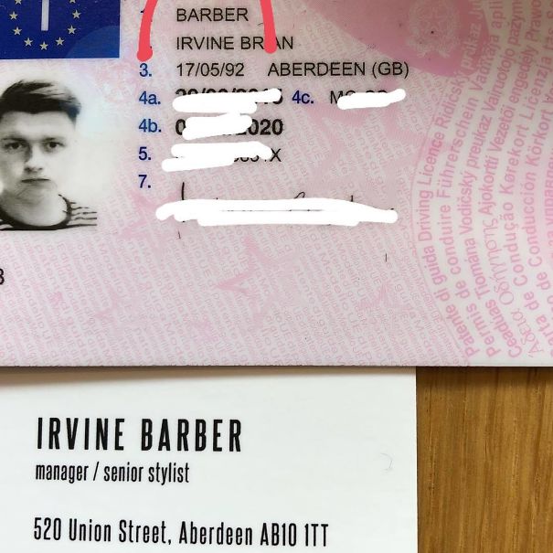 ID card showing "Barber" and a business card for a stylist, highlighting people doing jobs that match their names.