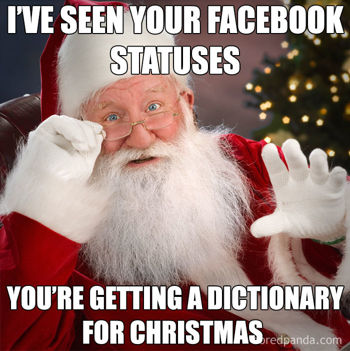 Santa humorously suggests a dictionary for Christmas in a funny meme.
