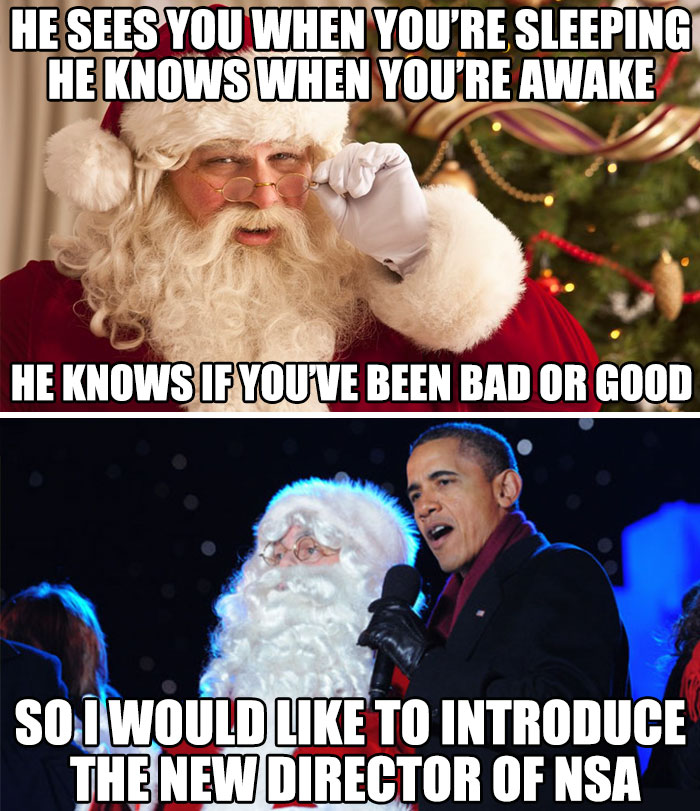 Santa Claus humorously introduced as NSA director in a hilarious Christmas meme.