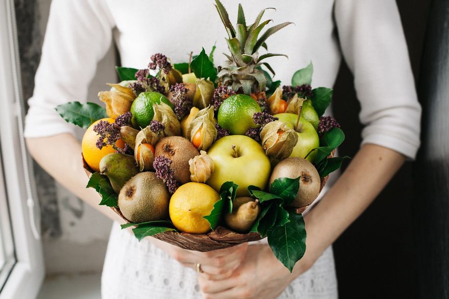Bouquet With Kiwi, Pineapple, Kumquats And Herbs