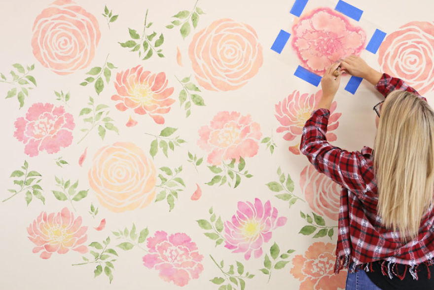 A Floral Watercolor Wallpaper Hack Using Reusable Stencils A Floral Watercolor Wallpaper Hack Using Reusable Stencils
