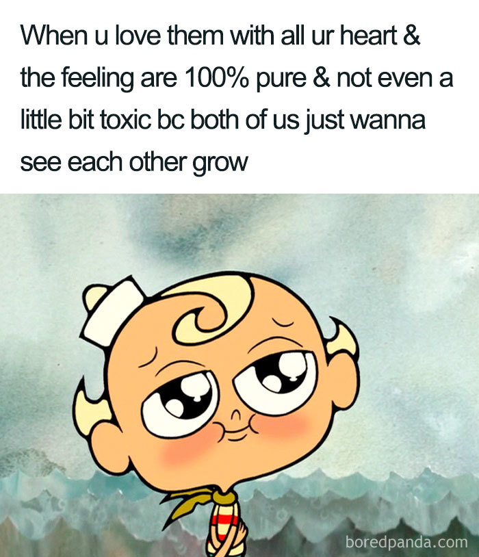 Cartoon character smiling with text about pure and supportive love, capturing a wholesome relationship meme.