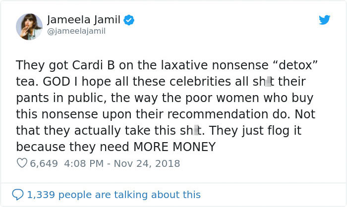 Jameela Jamil Is Calling Out Celebrities Who Push Detox Teas One By One In A Savage Way Jameela Jamil Is Calling Out Celebrities Who Push Detox Teas One By One In A Savage Way