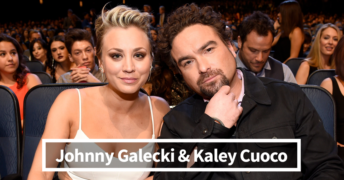 Johnny Galecki and Kaley Cuoco seated together, celebrities who fell in love while acting in a public event.