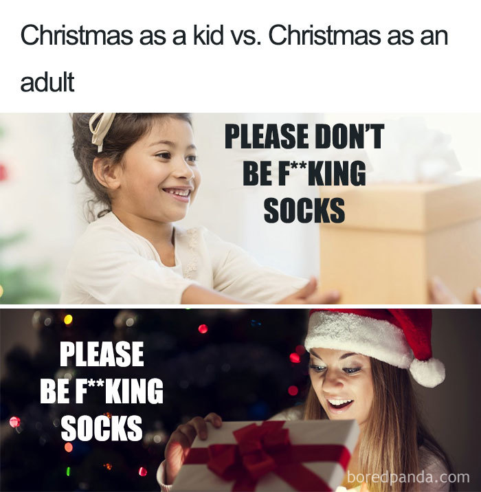 Comparison of Christmas expectations as a child wanting toys versus an adult hoping for socks in a funny meme image.