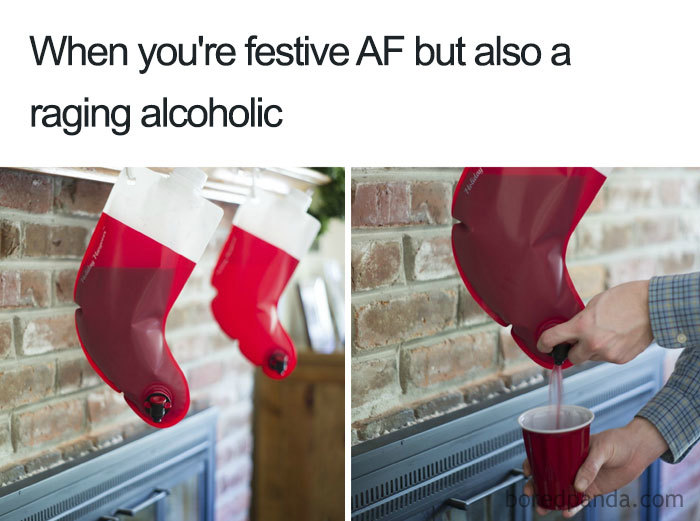 Christmas meme showing stocking wine dispensers with text about festive drinking.