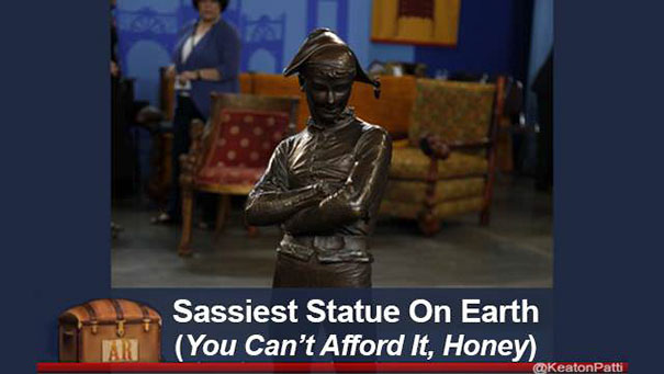 Antiques Roadshow item with funny caption: "Sassiest Statue On Earth (You Can’t Afford It, Honey)" in a gallery setting.
