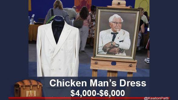 Antiques Roadshow item with funny caption "Chicken Man’s Dress" valued at $4,000-$6,000, next to a portrait.