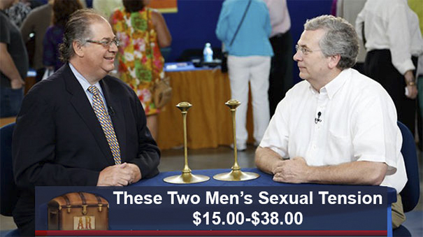 Two men with a humorous caption on Antiques Roadshow items, price range $15-$38, in a lively setting.