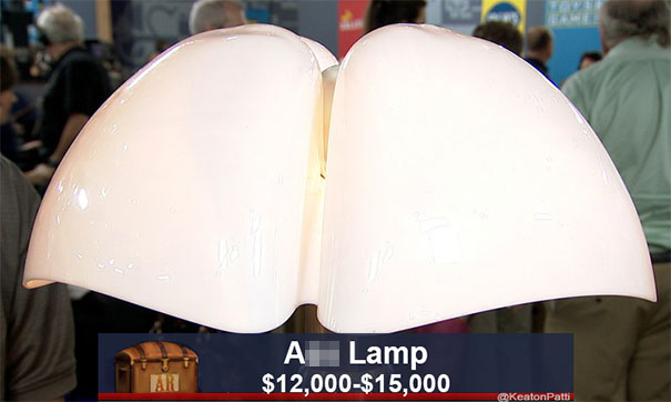 Antiques Roadshow item with a humorous caption on its value estimation, showing a unique lamp priced at $12,000-$15,000.
