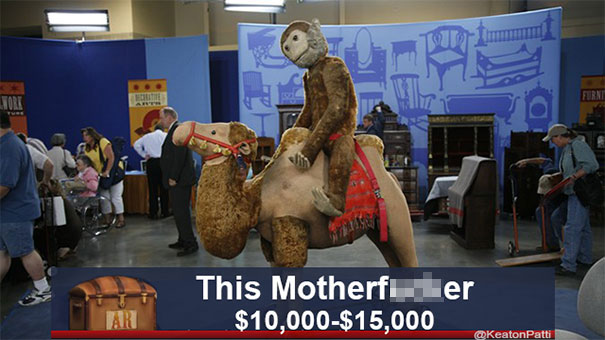 Antiques Roadshow item with a humorous caption valuing a stuffed camel and monkey between $10,000-$15,000.