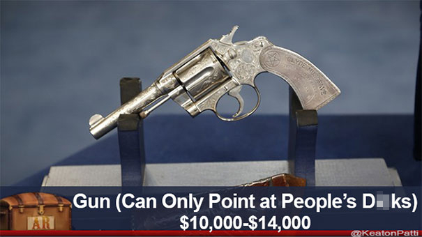 Antiques Roadshow item with a humorous caption about a gun valued between $10,000 to $14,000.