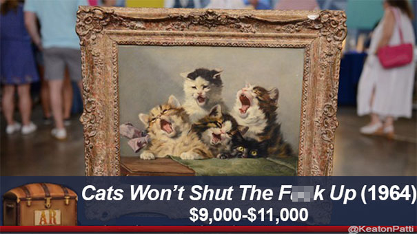 Antiques Roadshow painting with humorous caption of yawning cats, valued at $9,000–$11,000.