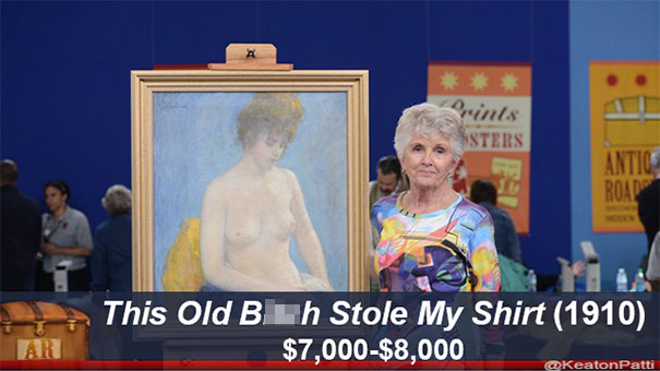 Elderly woman stands by painting with funny caption on Antiques Roadshow.