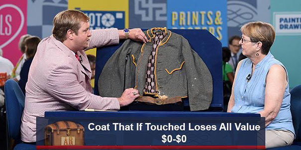 Man showing an antique coat with a funny caption about value on Antiques Roadshow.