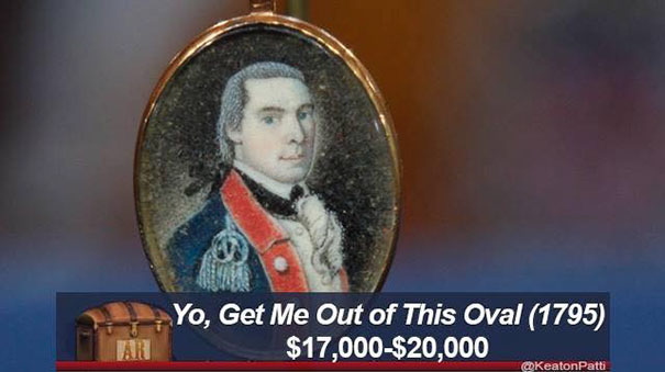 Antiques Roadshow item with a humorous caption, valued at $17,000-$20,000, featuring a 1795 portrait in an oval frame.