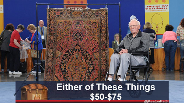 Antiques Roadshow item with a humorous caption, showing a man next to a rug, valued at $50-$75.