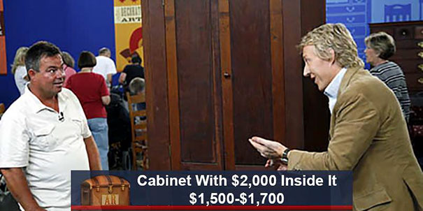 Antiques Roadshow scene with man appraising a cabinet humorously captioned about hiding $2,000, valued at $1,500-$1,700.