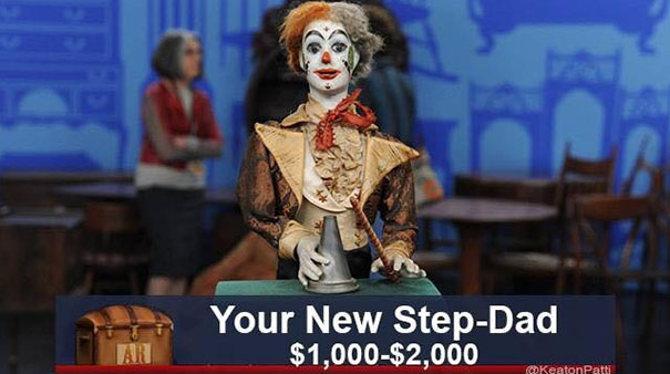 Antiques Roadshow item with funny caption of a clown mannequin labeled "Your New Step-Dad" valued at $1,000-$2,000.