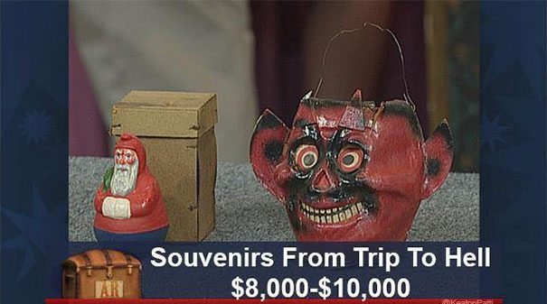 Antiques Roadshow items with funny captions, a devil mask and Santa figurine valued at $8,000-$10,000.