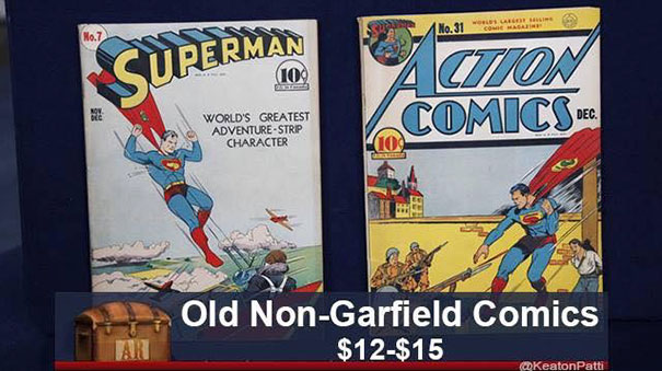 Two vintage Superman comic covers with funny captions, priced at $12-$15, highlighting antiques with a humorous twist.