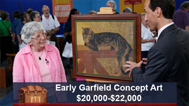 Antiques Roadshow item with a funny caption about "Early Garfield Concept Art" valued at $20,000-$22,000.