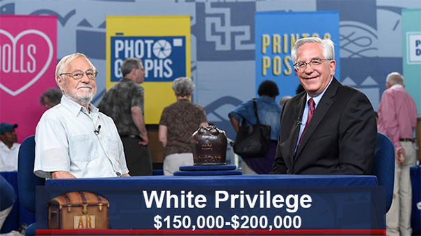 Two men sit in an Antiques Roadshow setting with a humorous caption and estimated value displayed.