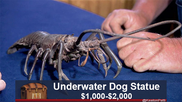 Antiques Roadshow item with a funny caption: "Underwater Dog Statue" valued at $1,000-$2,000.
