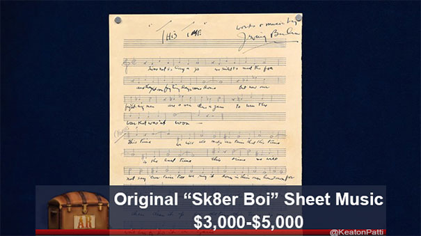 Antiques Roadshow item with humorous caption about "Sk8er Boi" sheet music valued at $3,000-$5,000.