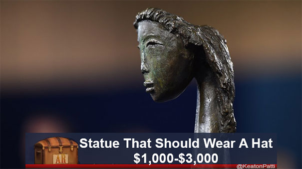 Bronze statue with a humorous caption on Antiques Roadshow, labeled "Statue That Should Wear A Hat," valued at $1,000-$3,000.