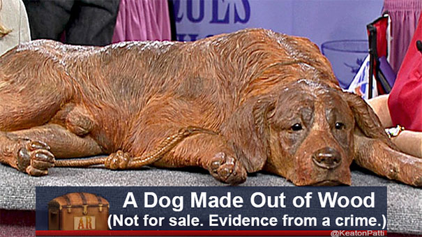 Wooden dog sculpture on Antiques Roadshow table with humorous caption about crime evidence.
