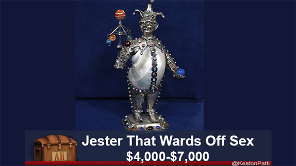 Hilarious caption on Antiques Roadshow item: "Jester That Wards Off S*x" valued at $4,000-$7,000.