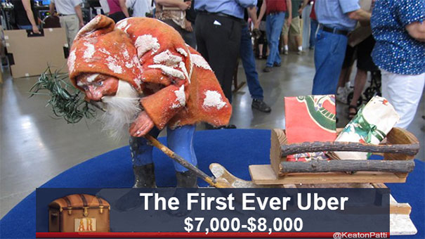 Antiques Roadshow item with funny caption "The First Ever Uber," valued at $7,000-$8,000, featuring a gnome sculpture.