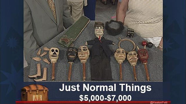 Antiques Roadshow items with humorous captions, including various carved figures and puppets, valued at $5,000-$7,000.