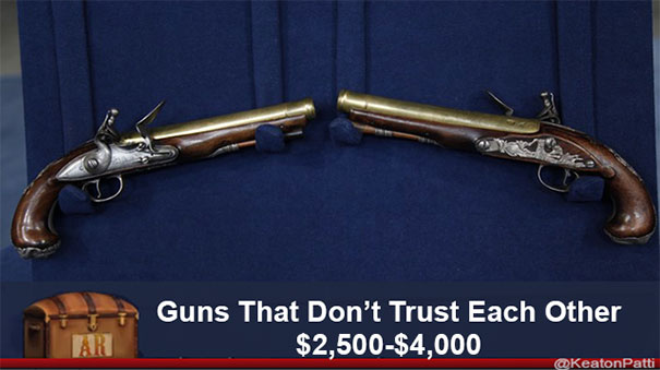 Antiques Roadshow items with funny caption: "Guns That Don't Trust Each Other," valued at $2,500-$4,000.