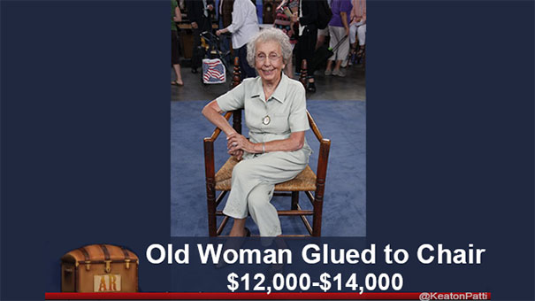 Elderly woman sitting in a chair with a humorous caption on an antiques show, estimated value $12,000–$14,000.