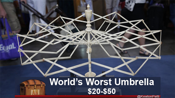 Antiques Roadshow item labeled as "World’s Worst Umbrella" valued between $20-$50, with a humorous caption.